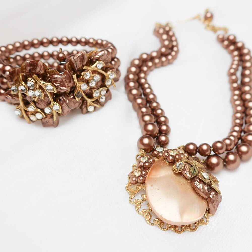 Vintage Copper Pearl Choker Necklace and Bracelet Set UNSIGNED Miriam Haskell